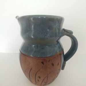 LYNCH Pottery NS Small Pitcher Vase Teal Blue & Brown Etched Grass Shell Accent